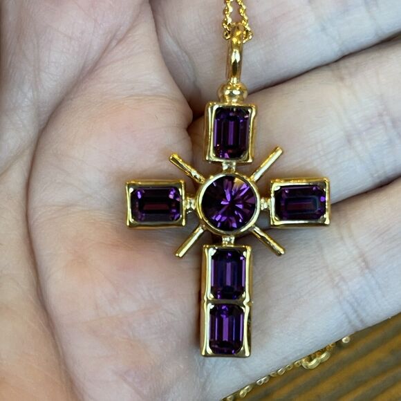 Camrose & Kross JBK Purple Rhinestone Reversible Cross Goldtone COA Original Box - Picture 4 of 10